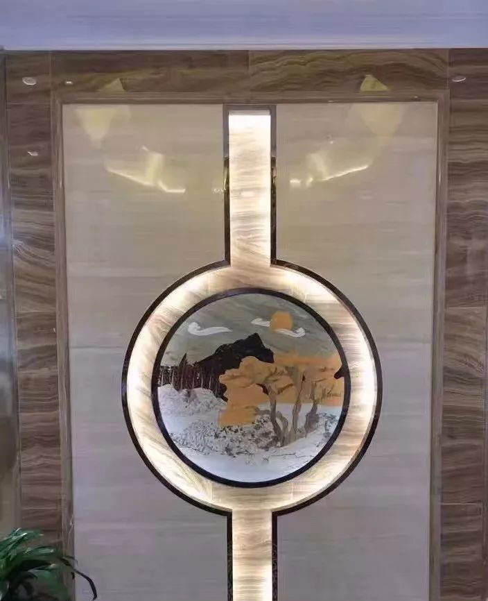 石材水刀拼花工藝 | 玄關電視背景墻設計案例